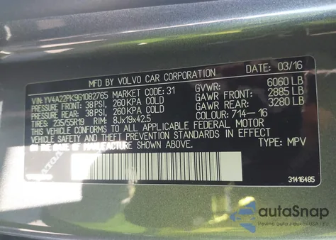 2016 Volvo Xc90 T6 Momentum from USA, damaged, VIN YV4A22PK9G1082765